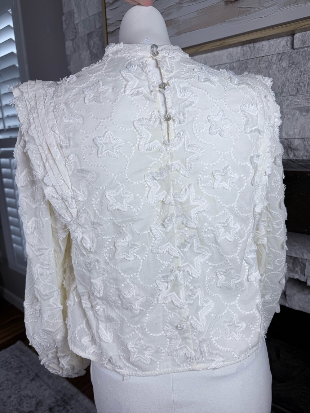 FARM Rio Cream Star-Textured Ruffled-Neck Blouse - Picture 7 of 12